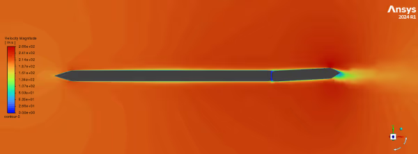 CFD velocity-magnitude contour on the vehicle centerline plane showing a local disturbance at the control surfaces and a wake behind the tail.