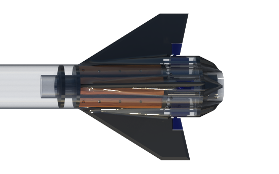 CAD render of the rocket tail section: fin can, main fins, motor mount, and the actuated tabs at the fin trailing edges.