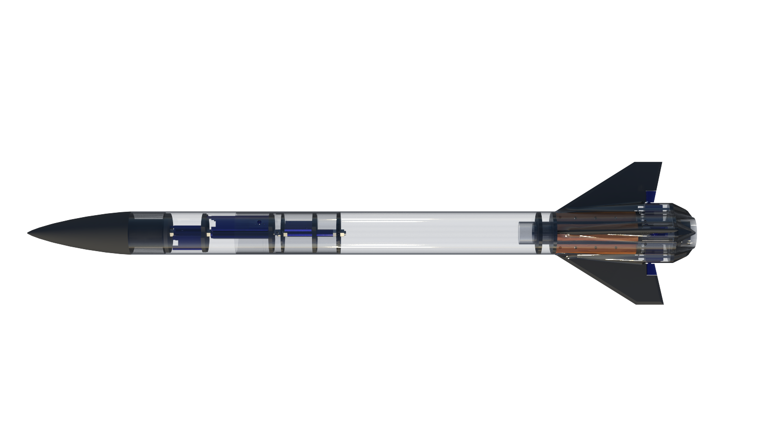 Ghosted CAD render of the vehicle in side view showing the nose cone, avionics bay, body tube and fin can through a transparent airframe.